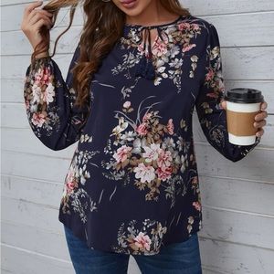 Shein Maternity Navy Blue Floral Tassle Tie Neck Blouse